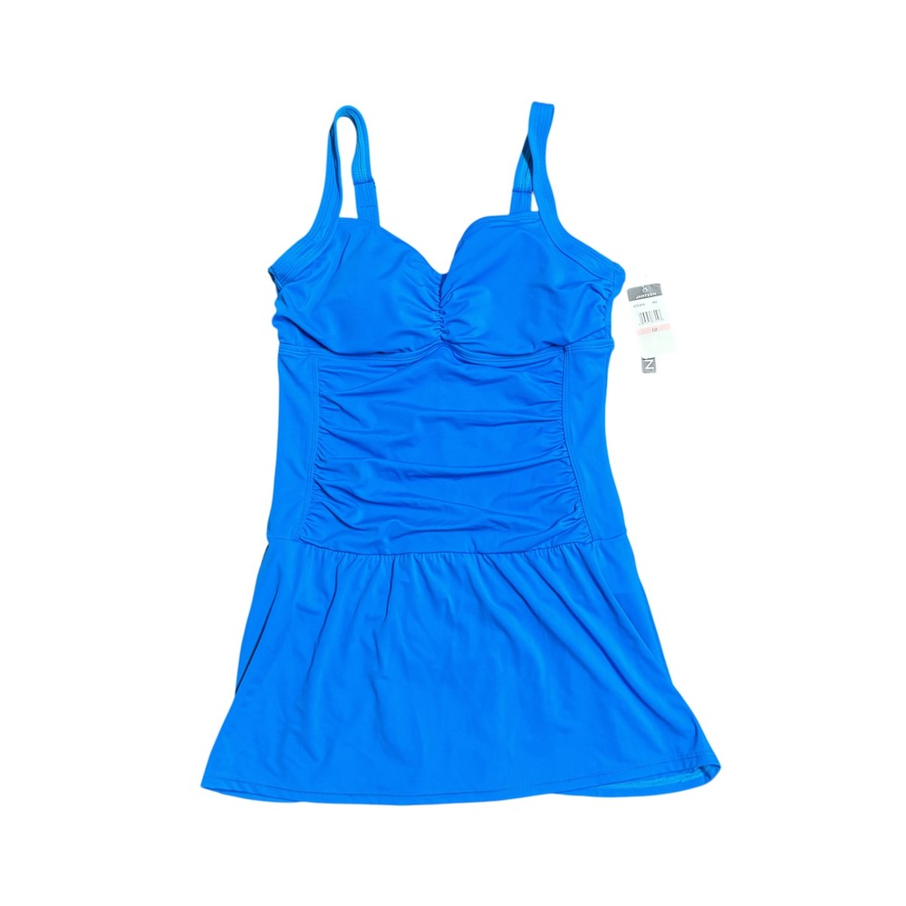Jantzen Swim Dress Womens 10 NWT Blue Tummy Control Ruched Skirted Beach Travel